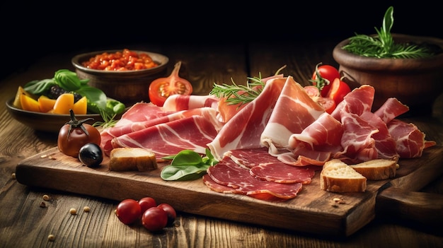 Prosciutto tranché sur une planche de bois généré par l'IA