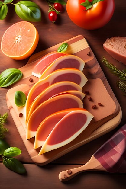 Photo prosciutto tranché sur une planche de bois