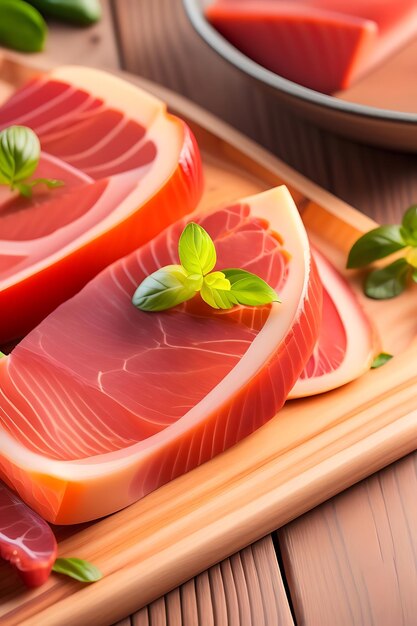 Prosciutto tranché sur une planche de bois