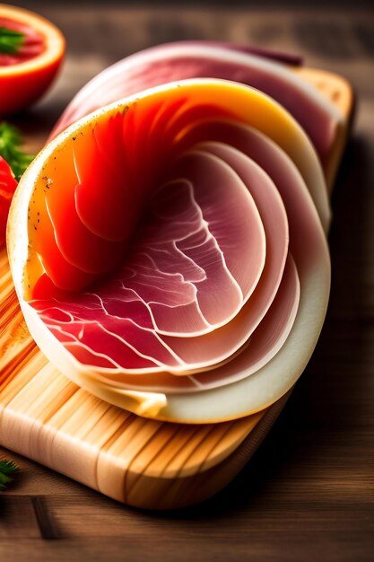 Prosciutto tranché sur une planche de bois