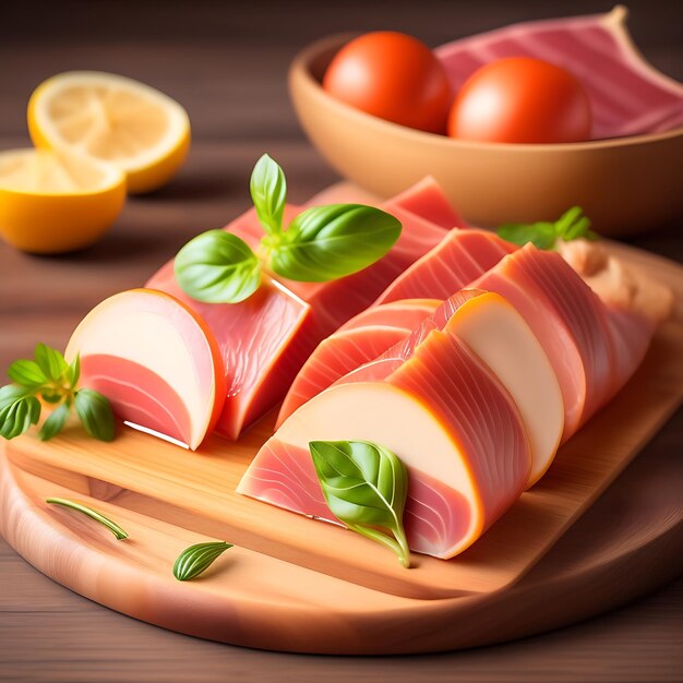 Photo prosciutto tranché sur une planche de bois