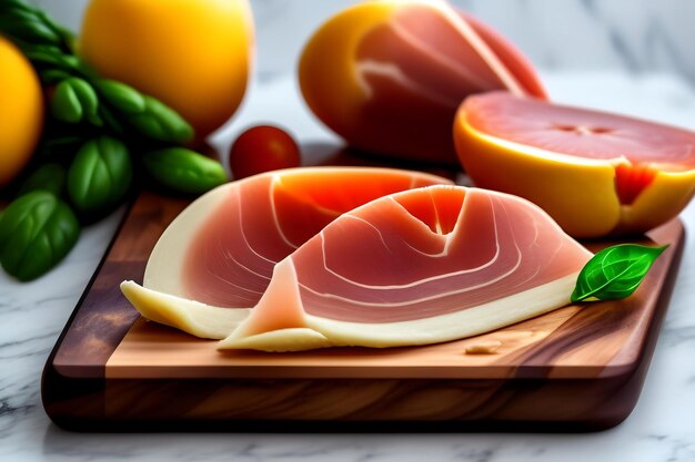 Prosciutto tranché sur une planche de bois