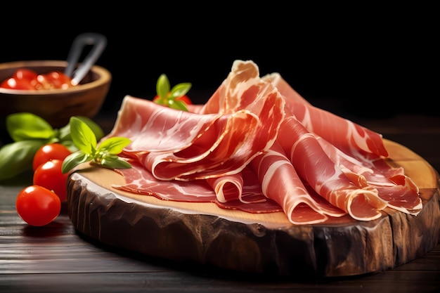 Prosciutto tranché sur une planche de bois