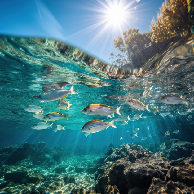 La protection de la vie marine Un banc de poissons nage dans l'eau cristalline