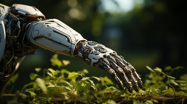 Prothèse de bras bionique futuriste avec technologie robotique sur fond naturel Ai générative
