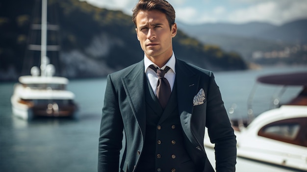 À proximité d'un lac tranquille, un bel homme bien habillé boutonne sa veste avec un yacht coûteux sur fond flou