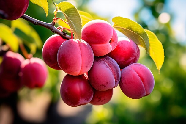 Des prunes sur une branche d'été en gros plan