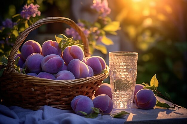 Des prunes de jardin dans un panier sur un fond bleu avec un verre de jus