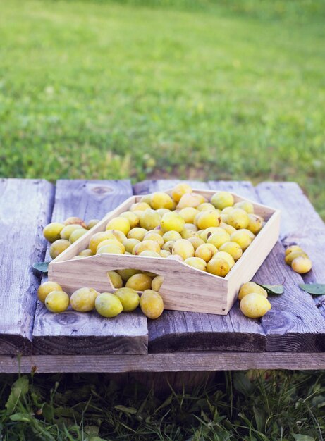 Prunes jaunes fraîches Fruits mûrs dans une boîte en bois sur fond de planches rugueuses à l'extérieur