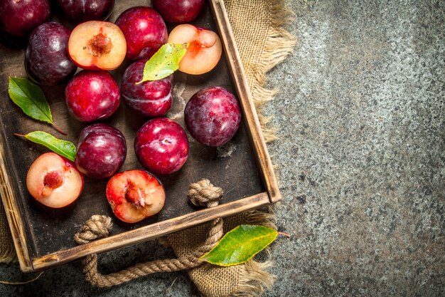 Prunes mûres avec une boîte en bois. Sur une table rustique.