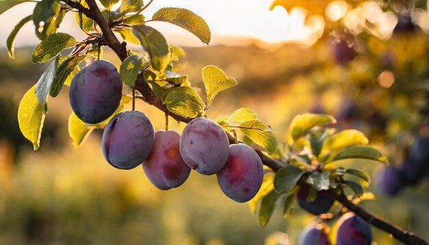 Des prunes mûres sur une branche d'arbre dans le jardin au coucher du soleil Une branche avec des prunes naturelles sur un fond flou...