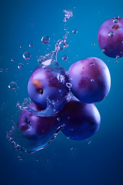 Prunes mûres avec des éclaboussures de gouttes d'eau ou de jus sur fond bleu Generative AI 1