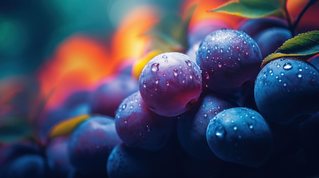 Les prunes sont montrées sur une photo avec des gouttelettes d'eau ai