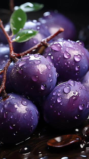 Photo prunes violettes avec des gouttelettes d'eau dessus sur une table ai générative