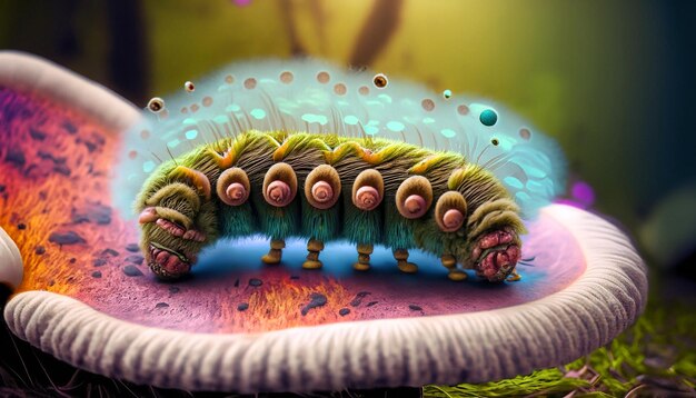 Photo psychedelic wonderland fuzzy caterpillar repose sur un champignon un voyage coloré dans les caprices de la nature