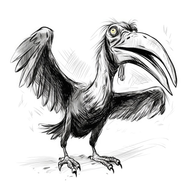 Ptérodactyle Sketch Doodle Crow Fun Toucan Scribble Bird Monster Rook dessiné à la main Sketched Marabou Personnage avec de grandes dents et un énorme bec Illustration générative AI