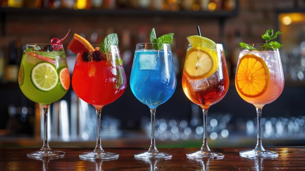 Un pub ou un restaurant vibrant propose cinq cocktails gin et tonic colorés servis dans