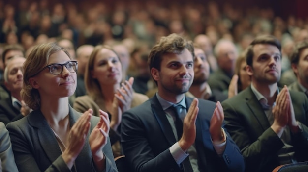 Le public applaudit fort au conférencier lors d'une conférence d'affaires Generative AI