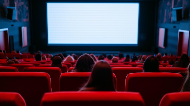 Le public assis sur des chaises rouges face à un grand écran de cinéma vide absorbé par l'anticipation, la salle faiblement éclairée prépare le terrain pour une expérience cinématographique immersive.