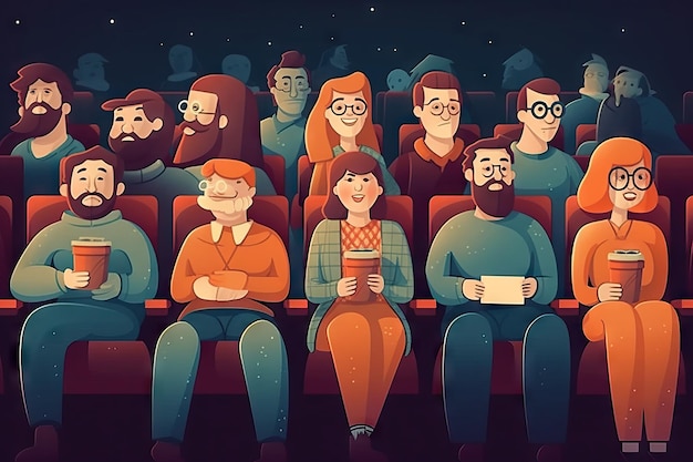 Public diversifié regardant un film dans un cinéma retour au concept des classiques du cinéma s'amuser avec des amis