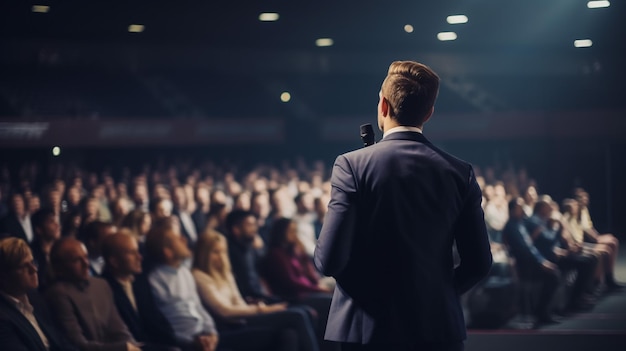 Le public écoute le conférencier dans la salle de conférence