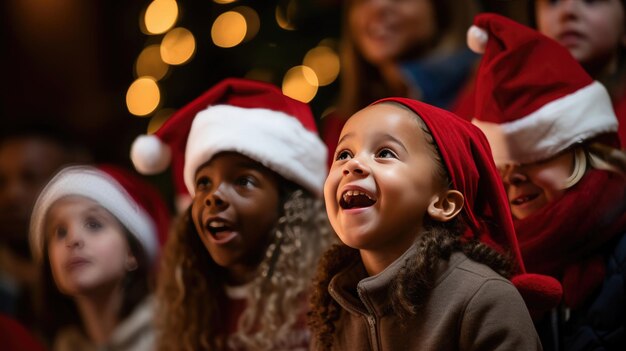 Photo un public joyeux d'adultes portant des chapeaux de père noël et des vêtements d'hiver souriant et regardant vers le haut avec des expressions de bonheur et d'excitation rassemblés à l'intérieur peut-être pendant un événement de noël