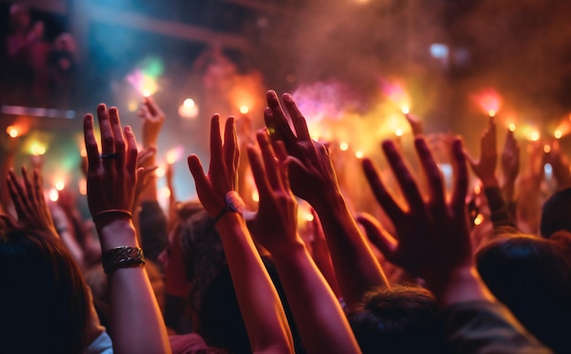 Public avec les mains tendues et des faisceaux lumineux derrière eux lors d'un concert en plein air