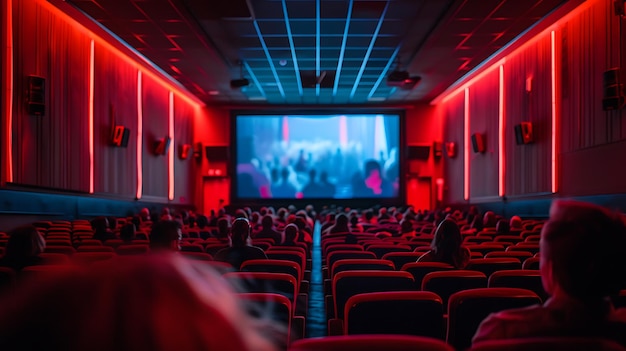 Un public regarde un film dans un théâtre. Le théâtre est éclairé de lumière rouge.