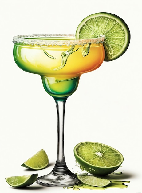 Une publicité colorée pour une margarita avec des citrons verts sur le fond.