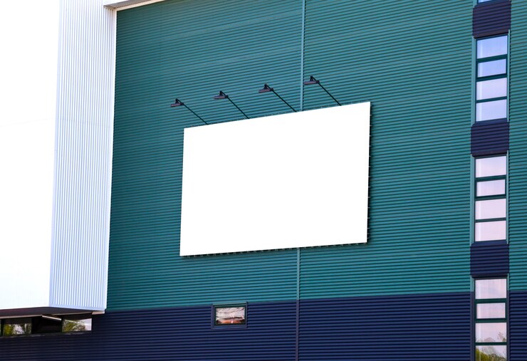 Photo publicité extérieure maquette vierge avec espace copie sur le mur du bâtiment du centre commercial