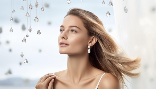 Publicité d'une marque de bijoux de luxe avec une mannequin photographiant des diamants brillants