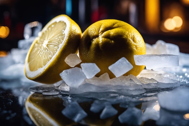 publicité nature morte avec du citron tranché dans des cubes de glace sur le fond du club de nuit comptoir du bar