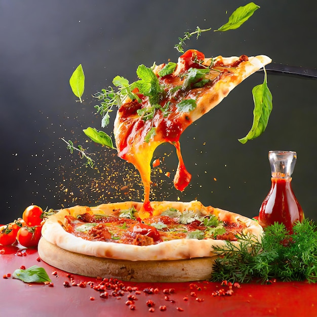 Photo publicité photographie de nourriture éclaboussure kebab pizza couleurs vives éclairage de studio herbes volantes générées par l'ia