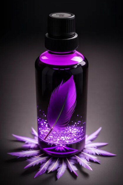 Photo publicité pour des produits cosmétiques ou de soins de la peau avec une bouteille violette sur un fond violet