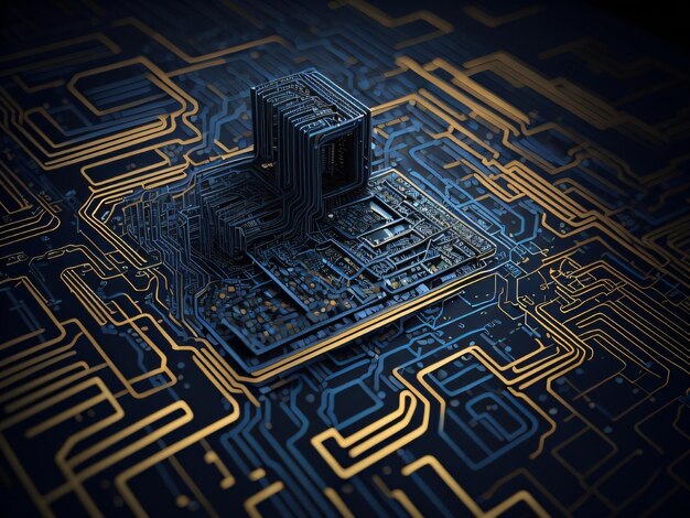 Une puce informatique avec un circuit imprimé en or et noir.