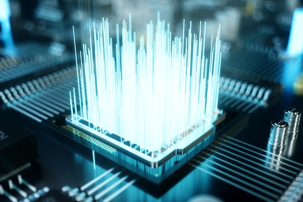 Puce informatique d'illustration 3D, un processeur sur une carte de circuit imprimé. Le concept de transfert de données vers le cloud. Processeur central sous forme d'intelligence artificielle. Transfert de données.