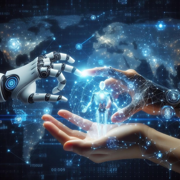 Une puce d'intelligence artificielle, l'apprentissage automatique, les mains du robot et de l'homme touchant le grand réseau de données.