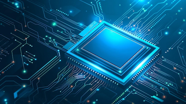 Une puce d'intelligence artificielle au néon brillante sur le fond de la technologie