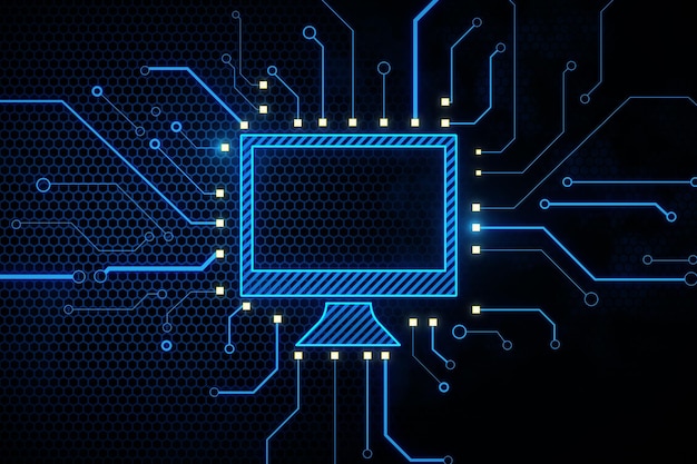 Puce de moniteur d'ordinateur lumineux créatif et hologramme de circuit sur fond sombre Information technologique et concept Internet Rendu 3D