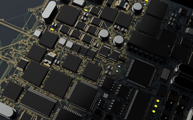 Puce de processeur sur une carte de circuit imprimé. rendu 3D. Notion de technologie