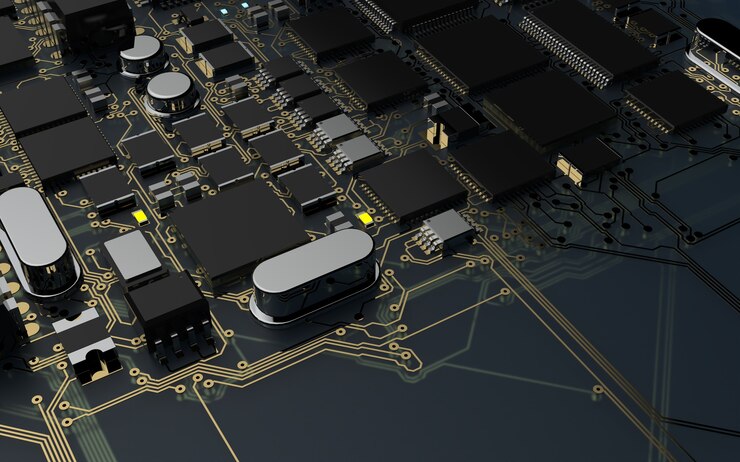Photo puce de processeur sur une carte de circuit imprimé. rendu 3d. notion de technologie