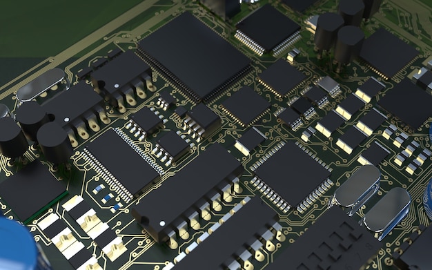 Puce de processeur sur une carte de circuit imprimé. rendu 3D. Notion de technologie