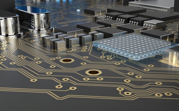 Puce de processeur sur une carte de circuit imprimé. rendu 3D. Notion de technologie