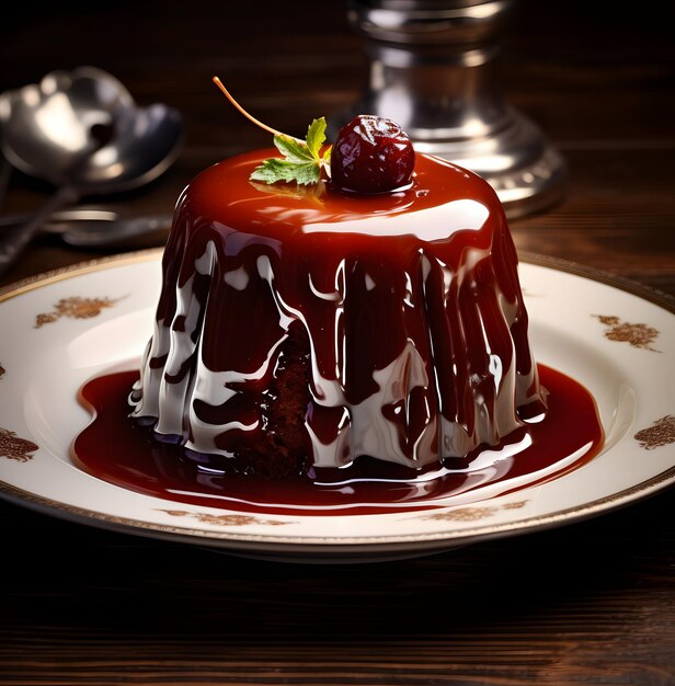 un pudding sur une assiette blanche avec une sauce au caramel