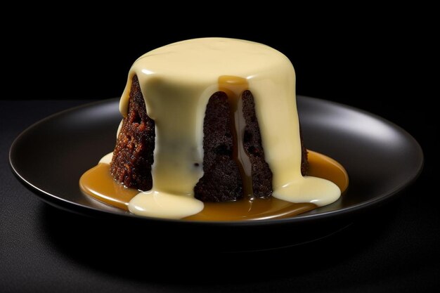Photo pudding au caramel collant avec une cuillère de crème à la crème au caramel colant dessert