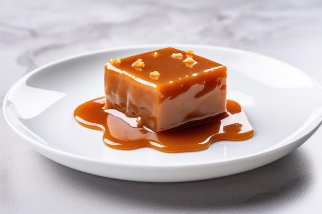 Pudding au caramel dans une assiette blanche sur fond blanc ai générative