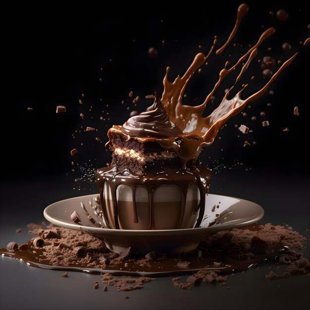 Pudding au chocolat avec éclaboussures et morceaux de chocolat sur fond noir