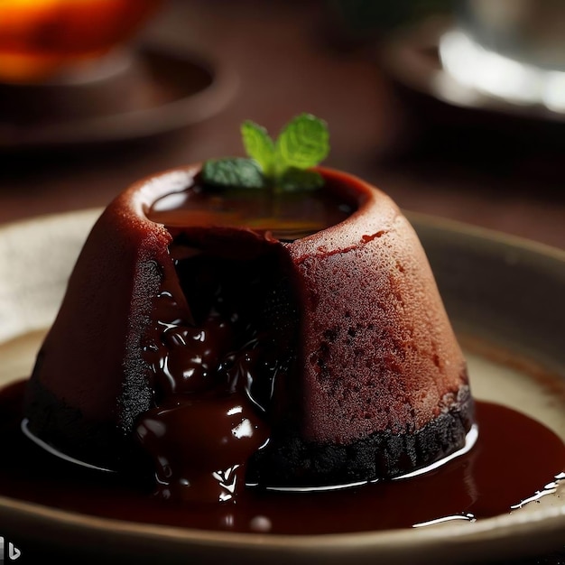 Photo un pudding au chocolat avec une feuille de menthe dessus