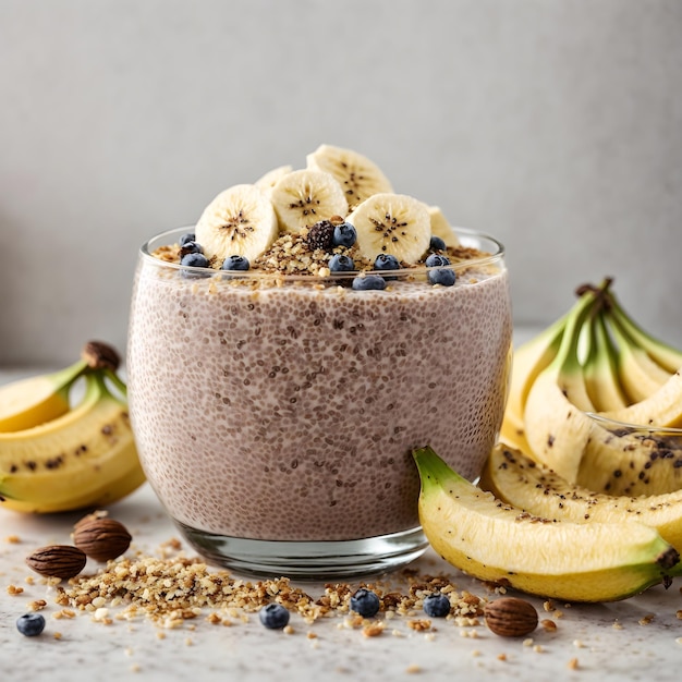 Pudding de chia aux bananes et graines de chia sur blanc