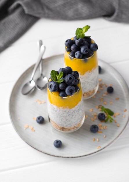 Pudding de chia vanille sain dans un verre avec des bleuets frais et de la menthe.